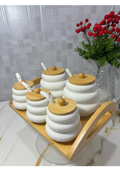 5'li Standlı Bambu Kapaklı Porselen Baharatlık