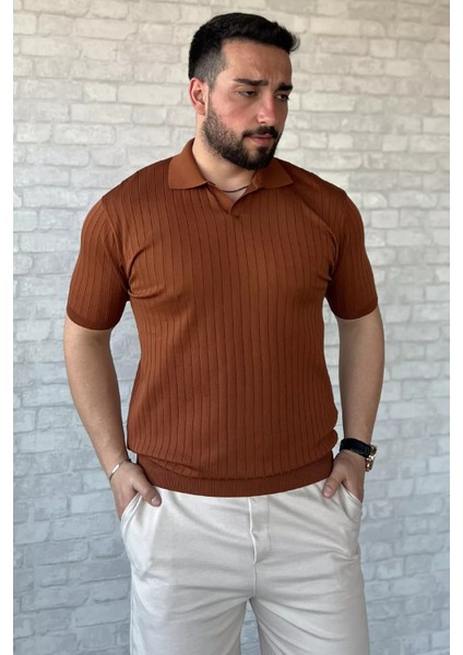 Erkek Polo Yaka Kendinden Çizgi Desenli Triko Tişört P-00015202