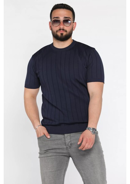 Erkek Bisiklet Yaka Kendinden Çizgi Desenli Triko Tişört P-00016810
