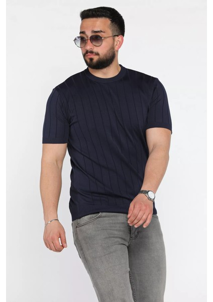 Erkek Bisiklet Yaka Kendinden Çizgi Desenli Triko Tişört P-00016810 fiyatları