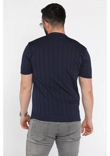 Erkek Bisiklet Yaka Kendinden Çizgi Desenli Triko Tişört P-00016810 modelleri