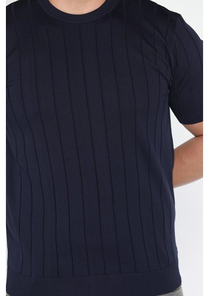 Erkek Bisiklet Yaka Kendinden Çizgi Desenli Triko Tişört P-00016810 fırsatları