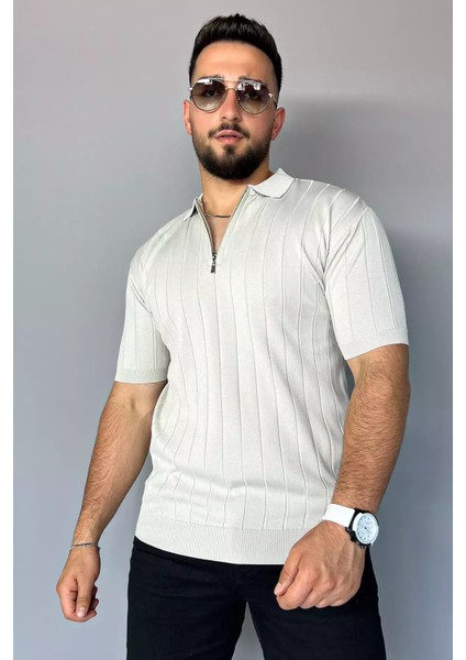 Polo Yaka Yarım Fermuarlı Erkek Triko Tişört P-00011972