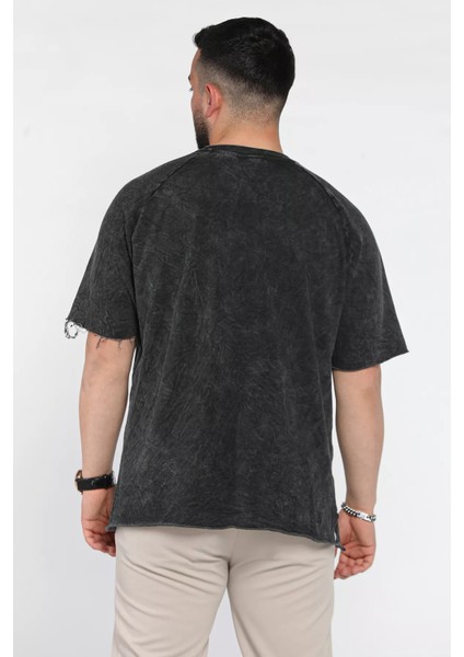 Erkek Bisiklet Yaka Yıkama Desenli Püsküllü Oversize Tişört P-00016197 modelleri