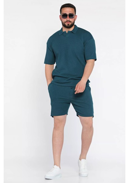 Kendinden Desenli Polo Yaka Erkek Tişört Şort Ikili Takım P-00011608