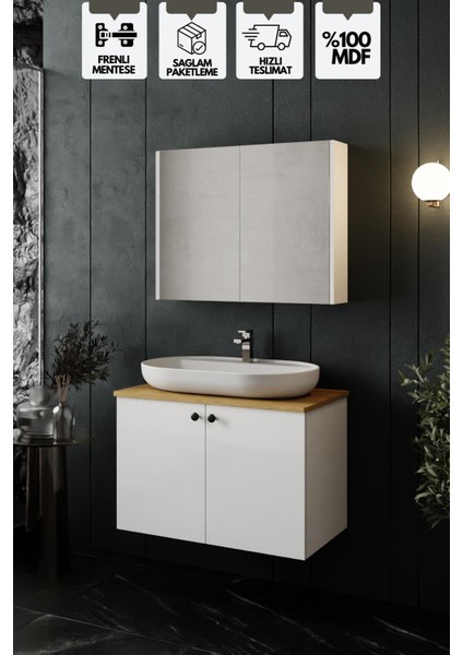 Liva 80 Cm Tezgahlı, Aynalı Banyo Dolabı Seti, Seramik Lavabo Dahil, Beyaz, Mdf