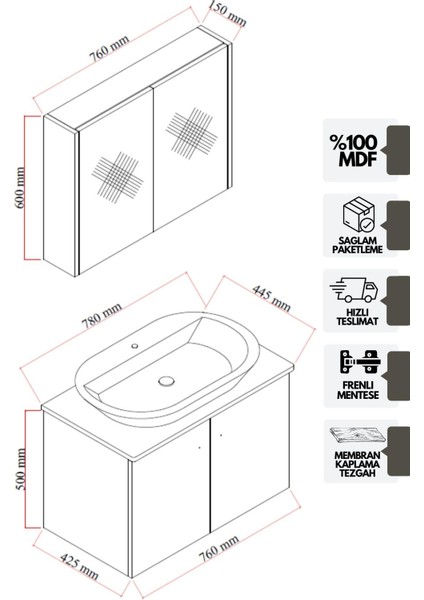 Liva 80 Cm Tezgahlı, Aynalı Banyo Dolabı Seti, Seramik Lavabo Dahil, Beyaz, Mdf fırsatları