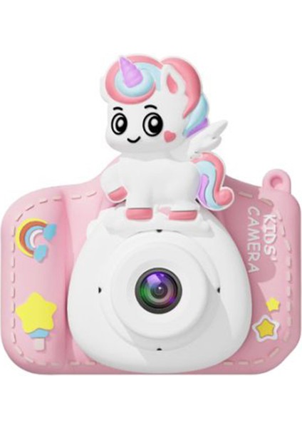 XJ01 2.0 Inç Hd Çift Kameralı Dijital Kamera, 32GB Kart ve Okuyucu Karikatür Çocuk Kamerası-Pembe Tek Boynuzlu At (Yurt Dışından)