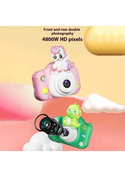 XJ01 2.0 Inç Hd Çift Kameralı Dijital Kamera, 32GB Kart ve Okuyucu Karikatür Çocuk Kamerası-Pembe Tek Boynuzlu At (Yurt Dışından)
