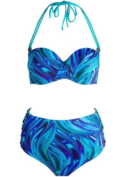 5625 Turkuaz Desenli Yüksek Bel Bikini Takımı indirimleri
