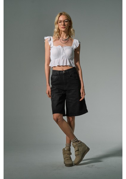 Toka Detaylı Bol Kesim Rahat Baggy Jean Kot Salaş Kadın Bermuda Diz Altı Denim Şort @casoria