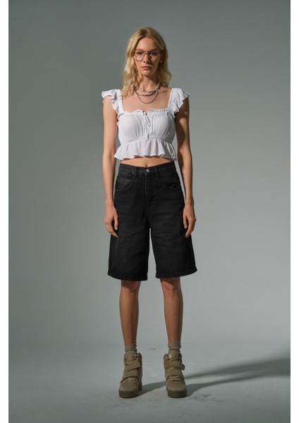 Toka Detaylı Bol Kesim Rahat Baggy Jean Kot Salaş Kadın Bermuda Diz Altı Denim Şort @casoria fiyatları