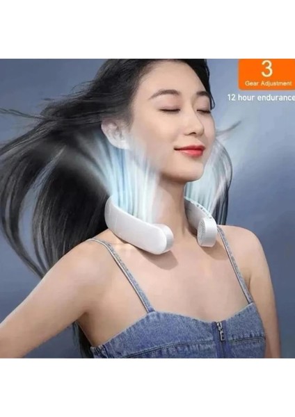 Askılı Boyun Tipi Fan 3 Kademeli Ayar USB Type-C Şarjlı Sessiz & Eller Serbest Soğutma Çift Motorlu Beyaz