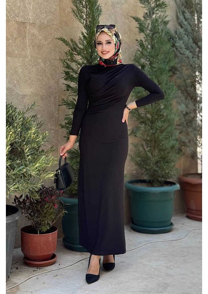 Büzgü Detaylı Sandy Elbise 3970 Siyah