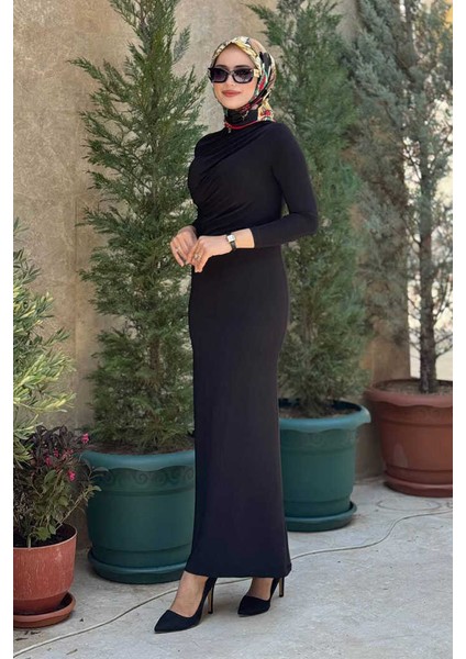 Büzgü Detaylı Sandy Elbise 3970 Siyah