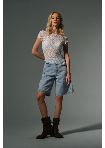 Toka Detaylı Bol Kesim Rahat Baggy Jean Kot Salaş Kadın Bermuda Diz Altı Denim Şort @casoria