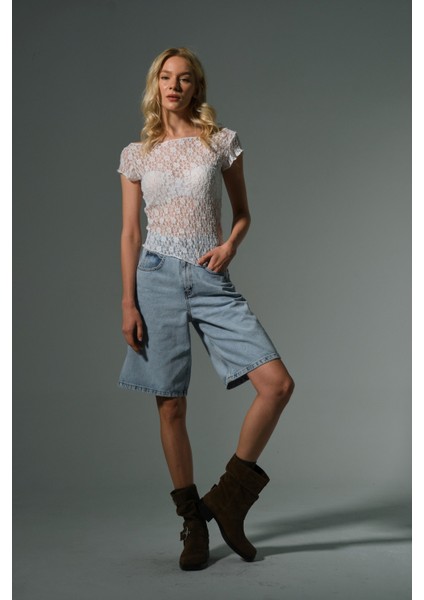 Toka Detaylı Bol Kesim Rahat Baggy Jean Kot Salaş Kadın Bermuda Diz Altı Denim Şort @casoria fırsatları