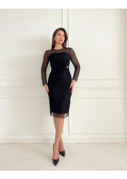 Siyah Uzun Kol Dantel Elbise