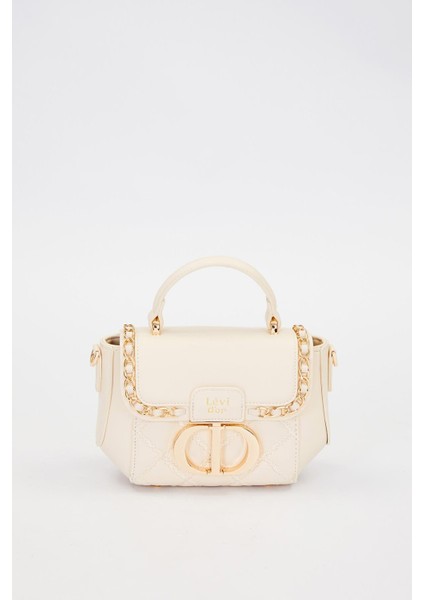 Krem Dikdörtgen Metal Kilit Omuz Çantası