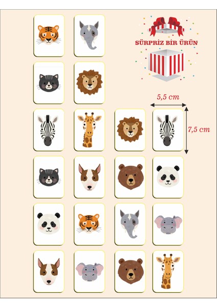 Zeka Kartları Eşleştirme Oyunu Sevimli Hayvan Hafıza Kartı Ahşap Eğitici Puzzle Oyuncak (5,5x7,5 Cm)