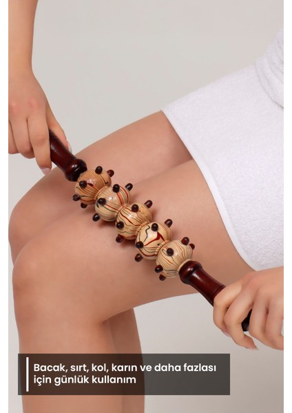 Ahşap Selülit Masaj Rulosu 5 Tekerlekli Lenf Drenajı Guasha Etkili Vücut Masaj Çubuğu