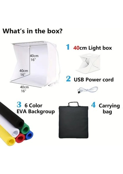 ® Katlanır Işıklı Fotoğraf Stüdyosu 40x40 cm 6 Renk Fonlu Ürün Çekimi İçin Uygun Fotoğraf Çekim Kutusu modelleri