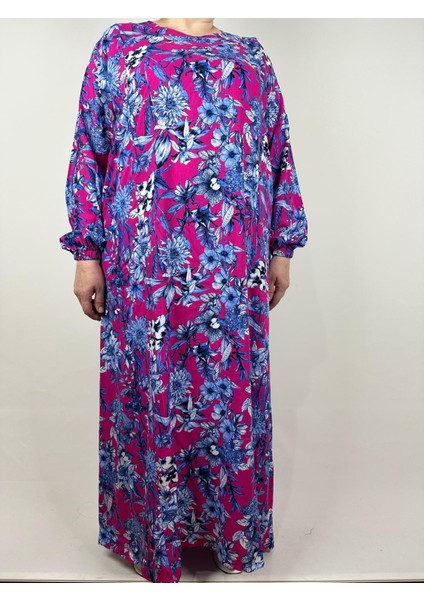 Kadın Mavi Pembe Beşgen Yaka Uzun Kollu Kol Bilek Lastikli Yazlık Viskon Uzun Elbise 2 cm Suya Çeker