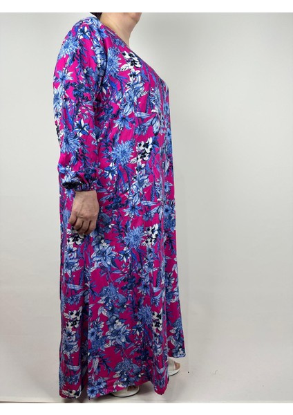 Kadın Mavi Pembe Beşgen Yaka Uzun Kollu Kol Bilek Lastikli Yazlık Viskon Uzun Elbise 2 cm Suya Çeker fiyatları