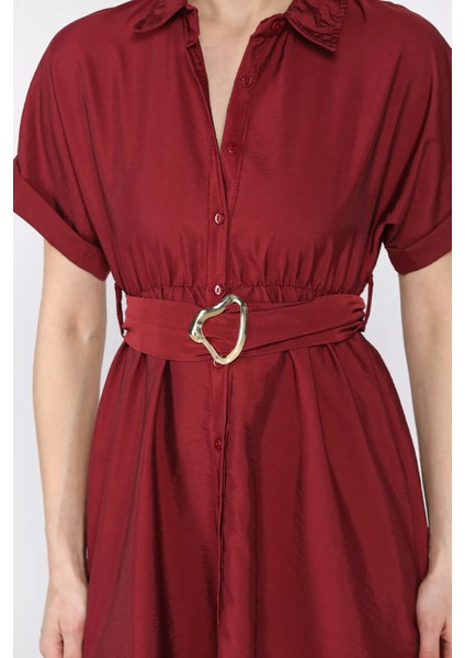 Boydan Düğmeli Bel Lastikli Kemerli Kısa Kol Elbise P-00017208 fırsatları