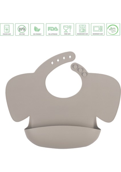 Premium Bebek, Çocuk BPA Free Silikon Mama Önlüğü - Güvenli Beslenme - 6 Ay + için / Gri Renk