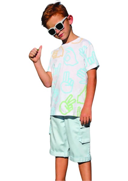 Erkek Çocuk T-Shirt Neon Turkuaz Neon Yeşil Baskılı Beyaz Renkli 13-14 Yaş