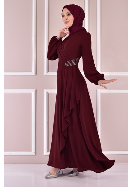 Kadın Giyim Abiye Moda Kemeri Taşlı Asimetrik Krep Tesettür Abiye Elbise 2597