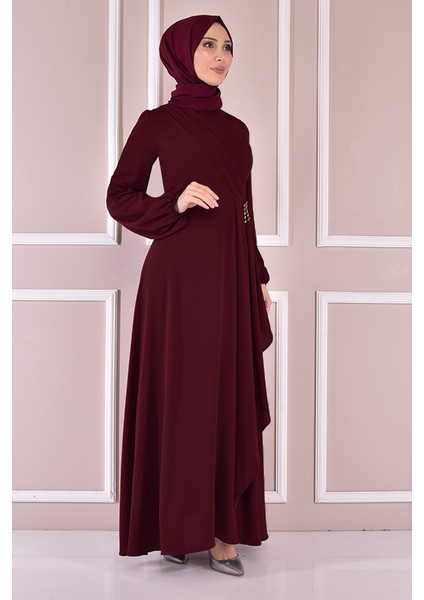 Kadın Giyim Abiye Moda Kemeri Taşlı Asimetrik Krep Tesettür Abiye Elbise 2597