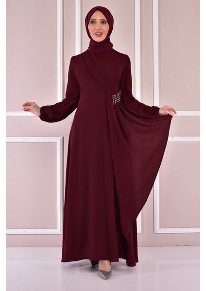 Kadın Giyim Abiye Moda Kemeri Taşlı Asimetrik Krep Tesettür Abiye Elbise 2597