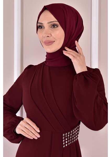 Kadın Giyim Abiye Moda Kemeri Taşlı Asimetrik Krep Tesettür Abiye Elbise 2597