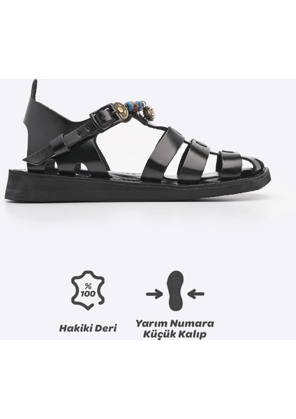 Kadın Hakiki Deri Aksesuarlı Eva Taban Günlük Sandalet Kevas