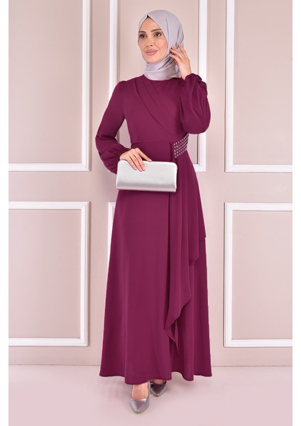 Kadın Giyim Abiye Moda Kemeri Taşlı Asimetrik Krep Tesettür Abiye Elbise 2597