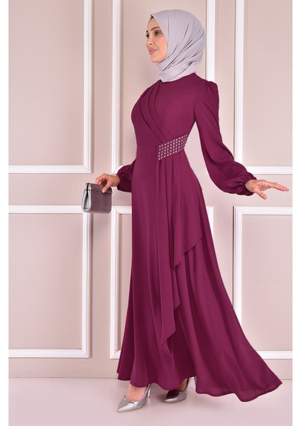 Kadın Giyim Abiye Moda Kemeri Taşlı Asimetrik Krep Tesettür Abiye Elbise 2597