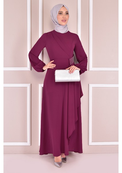Kadın Giyim Abiye Moda Kemeri Taşlı Asimetrik Krep Tesettür Abiye Elbise 2597