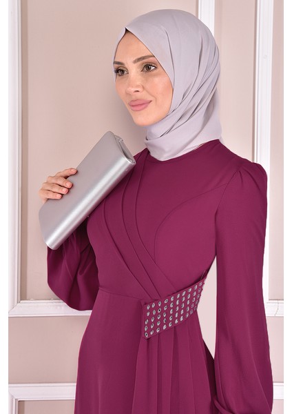 Kadın Giyim Abiye Moda Kemeri Taşlı Asimetrik Krep Tesettür Abiye Elbise 2597