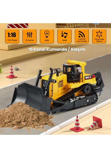Huına 1554 1/16 Yüksek Kalite 11CH Rc Model Caterpillar Buldozer Paletli Metal Kepçe Kazıcı Uzaktan Kumandalı Iş Makinesi -2.4g Sesli ve Işıklı