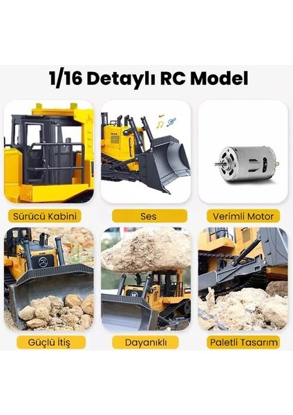 Huına 1554 1/16 Yüksek Kalite 11CH Rc Model Caterpillar Buldozer Paletli Metal Kepçe Kazıcı Uzaktan Kumandalı Iş Makinesi -2.4g Sesli ve Işıklı