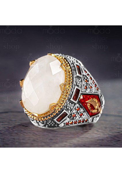 925 Ayar Gümüş Kırmızı Mineli Doğal Aytaşlı Erkek Yüzük