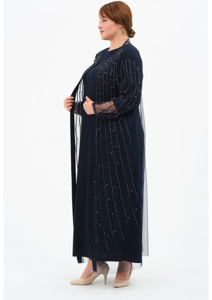 Gülperi Kadın Büyük Beden Flok Baskılı Taşlı Abaya/abiye Elbise