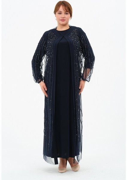 Gülperi Kadın Büyük Beden Flok Baskılı Taşlı Abaya/abiye Elbise