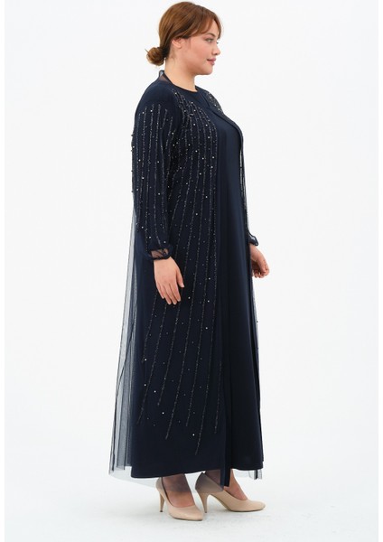 Gülperi Kadın Büyük Beden Flok Baskılı Taşlı Abaya/abiye Elbise