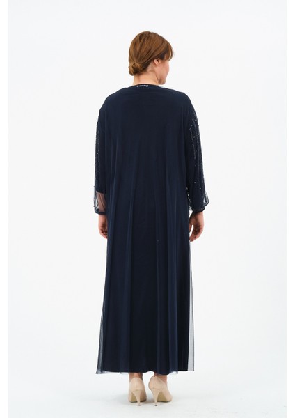 Gülperi Kadın Büyük Beden Flok Baskılı Taşlı Abaya/abiye Elbise