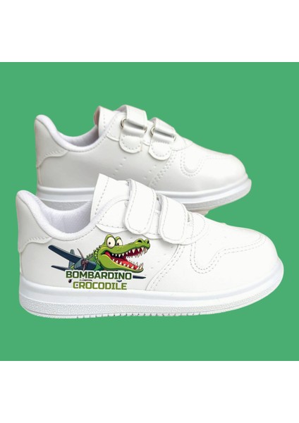 Bombardino Baskılı Beyaz Bantlı Çocuk Spor Ayakkabı Sneaker