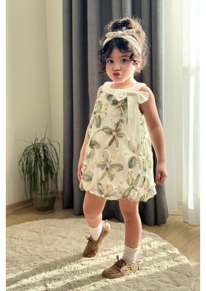 Zambak Tül Detaylı Kız Çocuk Balon elbise - Yeşil