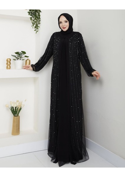 Gülperi Kadın Büyük Beden Flok Baskılı Taşlı Abaya/abiye Elbise modelleri
